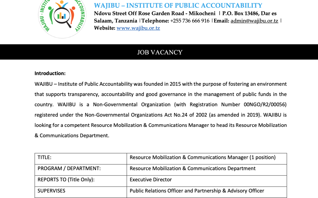 Job vacancy – Resource Mobilization & Communications Manager